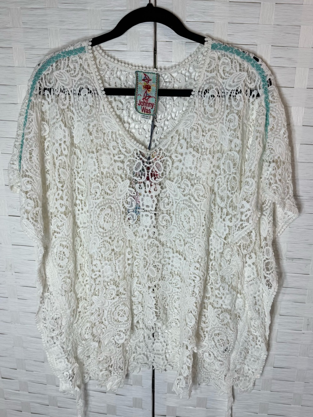 Johnny Was Bohemian Lace Poncho Top Floral Crochet Cream/Ivory Scalloped Hem OS - Picture 4 of 13